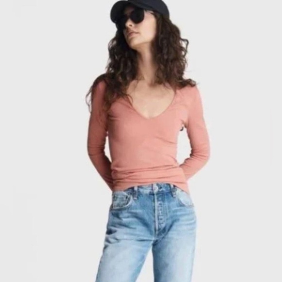 Rag & Bone Zoe Deep Vee Long Sleeve Top in Mauve Dot NWT - Picture 1 of 5